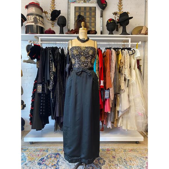 vintage 1960s black silk beaded maxi dress 60s formal gown metallic eyelash xs - Picture 1 of 10